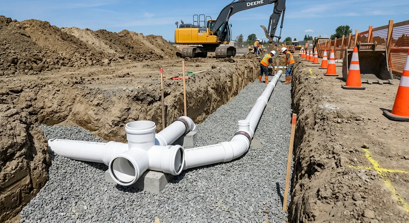 New PVC sewer pipe installation in open trench for Commercial Drain Cleaning in Worthington